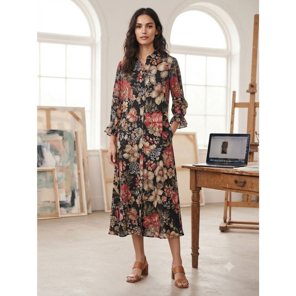 NWOT ZARA BASIC Floral Sheer Chiffon Midi Shirt Dress Size M Boho Button Front